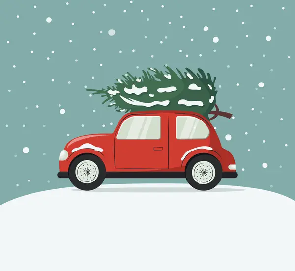 Çatıda Noel ağacı olan kırmızı bir retro araba. Kar yağıyordu. Tatil atmosferi. Bir kartpostal için vektör illüstrasyonu.