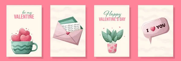 Sevgililer Günün kutlu olsun. Kartpostal seti. Tebrik kartları. Hassas tasarım, vektör illüstrasyonu.