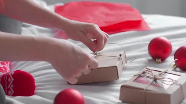 Girl Makes Beautiful Christmas Present Bed Best Christmas Present Ever — Stock Video