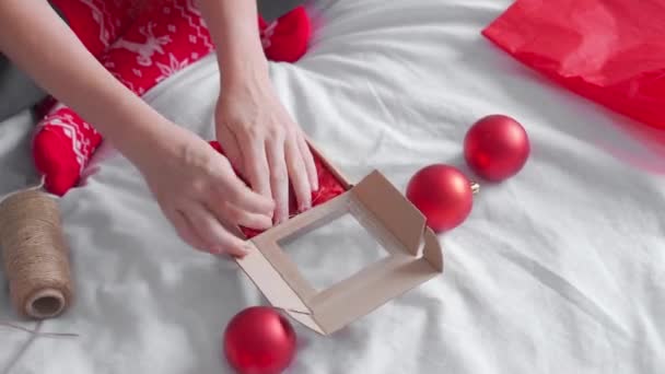 Girl Makes Beautiful Christmas Present Bed Best Christmas Present Ever — Stock Video