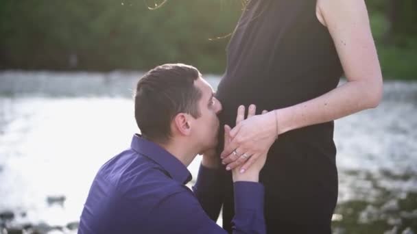 Una Mujer Embarazada Con Marido Descansa Parque Naturaleza Cuidar Una — Vídeo de stock