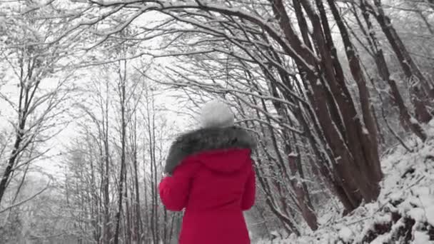 Vrouw Met Rode Doos Sneeuw Meisje Winter Nieuwjaarsvakantie December Mensen — Stockvideo