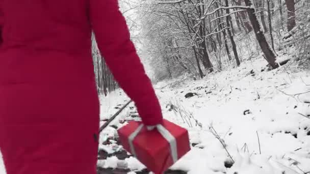 Женщина Красной Коробкой Подарков Снегу Девушка Зимние Новогодние Праздники Декабре — стоковое видео