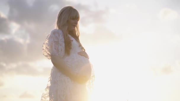 Genç Hamile Bir Kız Erkek Arkadaşı Doğada Dinleniyorlar Beyaz Gömlekli — Stok video