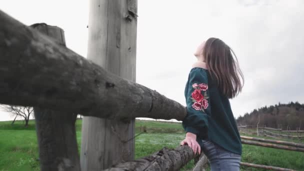 Piękna Brunetka Dziewczyna Łonie Natury Wśród Trawy Kwiatów Idzie Pośrodku — Wideo stockowe