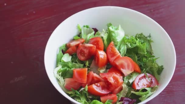 Čerstvý Zeleninový Salát Detailní Záběr Zdravého Oběda Ředkviček Rajčat Salátu — Stock video