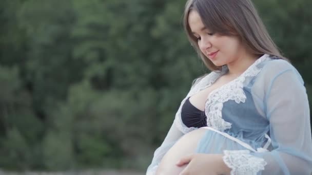 河边公园里美丽的孕妇 未来的母亲正在等待她的第一个孩子的出生 一个年轻女人的怀孕和幸福夏天在公园休息 — 图库视频影像