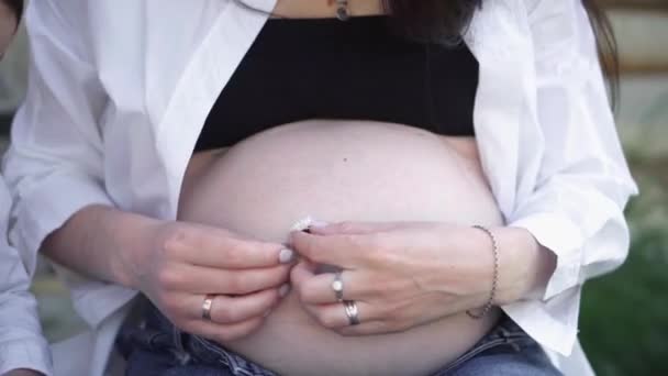 妊娠中 第二子が生まれるのを待っている若い家庭です 夫と息子を持つ妊婦 都会の公園で自然の中でリラックスしている夫と子供を持つ妻 — ストック動画