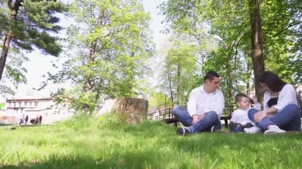 Uma Jovem Família Feliz Está Descansando Parque Uma Esposa Com — Vídeo de Stock