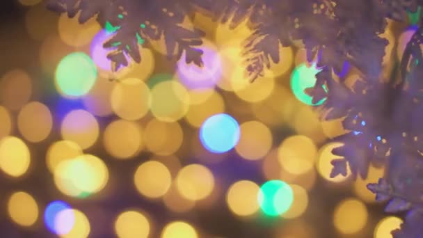 Lichte Bokeh Van Een Kerstboom Wazige Feeënkerstverlichting Glanzende Abstracte Gekleurde — Stockvideo