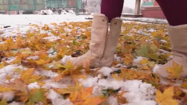 Різдвяні Магазини Прогулянки Зимовому Сніговому Лісі Червоному Плащі Жінка Подарунком — стокове відео
