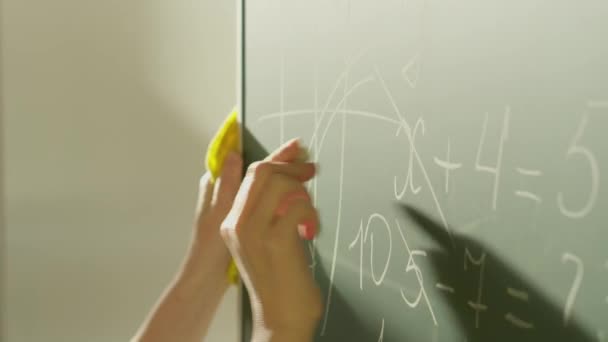 Girl Student Writes Green Board Female Teacher School Board Hand — Vídeos de Stock