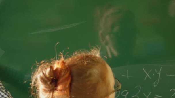 Girl Student Writes Green Board Female Teacher School Board Hand — Stock video