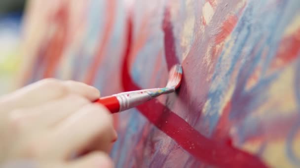 Talented Innovative Woman Artist Paints Brush Canvas Using Multi Colored — Stock Video
