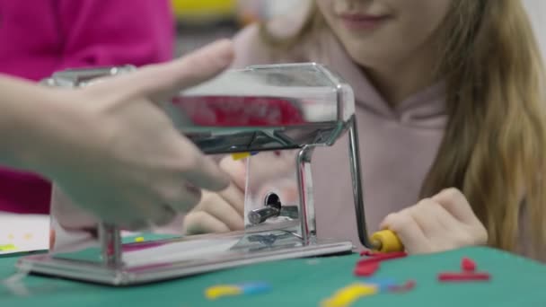 Children Sculpt Hands Table Made Polymer Clay Multi Colored Plasticine — Vídeo de stock