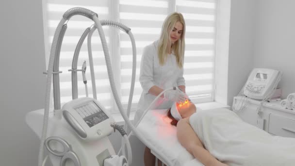 Red Led Treatment Woman Doing Facial Skin Therapy Radiofrequency Face — 图库视频影像