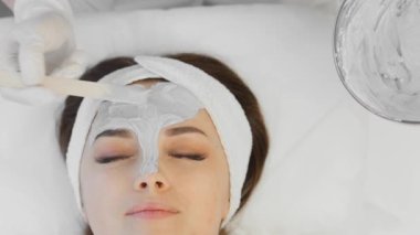 A cosmetologist applies a cosmetic mask to a womans face in a beauty spa. A rejuvenating, restorative and moisturizing procedure for girl on skin of the face in beauty clinic. Relaxation and care.