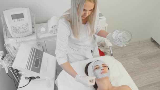 Cosmetologist Applies Cosmetic Mask Womans Face Beauty Spa Rejuvenating Restorative — Stok video