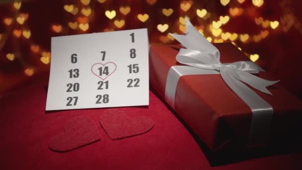 Gift Valentines Day Gift Box Red Background Hearts Calendar February — Vídeo de stock
