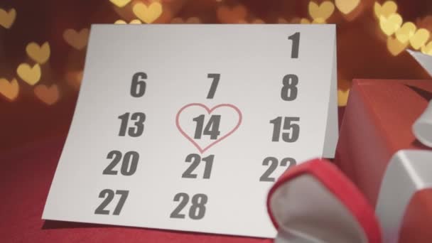 Prezent Walentynki Pudełko Czerwonym Tle Sercami Kalendarzu Lutego Jest Obchody — Wideo stockowe