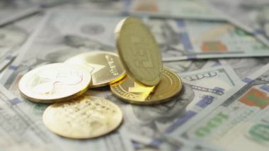 Cryptocurrency virtual money Bitcoin BTC and US dollar banknotes. Crypto exchange trading. Digital financial transactions blockchain. Business investment Ethereum, Tether, Binance USD, XRP, Dogecoin.
