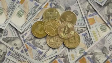 Cryptocurrency virtual money Bitcoin BTC and US dollar banknotes. Crypto exchange trading. Digital financial transactions blockchain. Business investment Ethereum, Tether, Binance USD, XRP, Dogecoin.