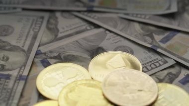 Cryptocurrency virtual money Bitcoin BTC and US dollar banknotes. Crypto exchange trading. Digital financial transactions blockchain. Business investment Ethereum, Tether, Binance USD, XRP, Dogecoin.