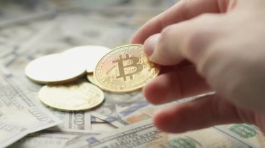 Cryptocurrency virtual money Bitcoin BTC and US dollar banknotes. Crypto exchange trading. Digital financial transactions blockchain. Business investment Ethereum, Tether, Binance USD, XRP, Dogecoin.