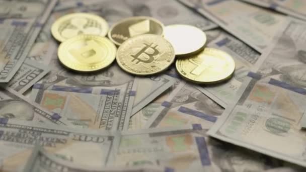 Cryptocurrency Virtual Money Bitcoin Btc Dollar Banknotes Crypto Exchange Trading — Stockvideo