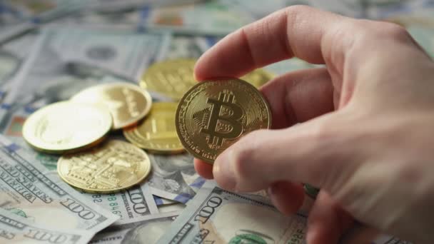 Cryptogeld Virtueel Geld Bitcoin Btc Amerikaanse Dollar Bankbiljetten Crypto Ruilhandel — Stockvideo