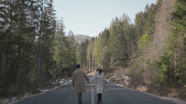 Romantic Couple Walking Highway Mountains Forest Man Takes Woman Hand — Vídeos de Stock