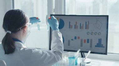 Tıbbi araştırma laboratuarı. Bir bilim adamı pipet ve test tüpüyle çalışır. Biyoteknoloji, kimya, biyokimya ve deneyler alanındaki tıp ve araştırmaların geliştirilmesi.