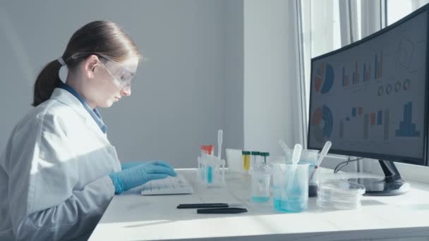 女性研究者が研究室の職場に座っている 背景となる研究統計について 医療従事者がキーボードで保護作業を行う — ストック動画
