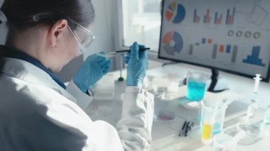 İlaç geliştiren biyoteknoloji uzmanıyla tıp bilimi laboratuvarı, farmasötik bölümünde çalışan kadın biyokimyacı. Tıbbi analiz ve deneylerin araştırması. Arka ve yan görünüm Görüntüsü
