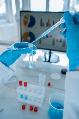 Tıbbi araştırma laboratuarı. Bir bilim adamı pipet ve test tüpüyle çalışır. Biyoteknoloji, kimya, biyokimya ve deneyler alanındaki tıp ve araştırmaların geliştirilmesi.