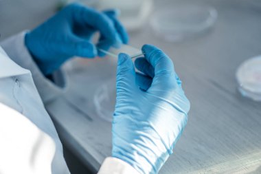 İlaç geliştiren biyoteknoloji uzmanıyla tıp bilimi laboratuvarı, farmasötik bölümünde çalışan kadın biyokimyacı. Tıbbi analiz ve deneylerin araştırması. Arka ve yan görünüm Görüntüsü