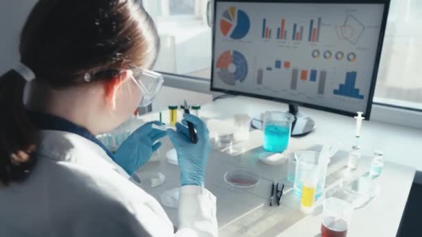Experimenten Het Laboratorium Van Geneeskunde Stellen Wetenschappers Staat Nieuwe Geneesmiddelen — Stockvideo