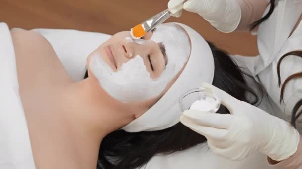 Sessão Cosmetologia Esteticista Aplica Cuidadosamente Uma Máscara Rosto Mulher Spa — Vídeo de Stock