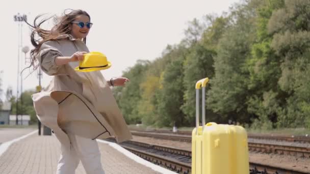 Beautiful Crazy Girl Happily Jumps Young Woman Suitcase Embodies Energy — Stock Video