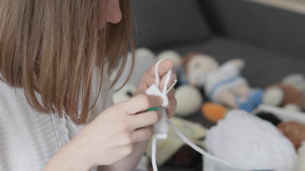 一个女人巧妙地将纱线转化为细腻细腻的纺织品玩具 这可以激发孩子们的想象力 取悦他们的心 为儿童和幼儿设计的柔软而自然的玩具 高质量4K — 图库视频影像