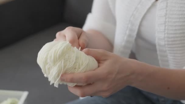一个女人把一个纱球放在抽屉里 准备工作集中在家里的沙发上 准备用纱线织成令人难以置信的爱美软玩具 给孩子们带来欢乐 — 图库视频影像