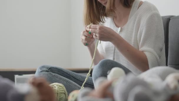 Bir Kadın Dinleniyor Örgü Örüyor Amigurumi Yumuşak Tekstil Oyuncakları Sadece — Stok video