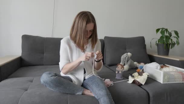 这位针锋相对的女士优雅地编织着阿弥陀罗 创造了独特的纺织品玩具 打开了通向家庭幻想和欢乐世界的大门 家里的事业余爱好 下班后休息 高质量4K — 图库视频影像