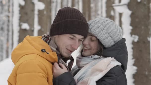 感受爱情和冬季自然的魔力 同时看着快乐的年轻人在冬天的森林里共度时光 关于冬季细菌的浪漫故事 高质量的4K镜头 — 图库视频影像