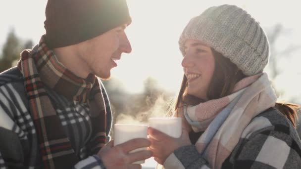 冬の休暇中にカップルが真の幸福と共同休暇を経験したときの感情の世界への忘れられない旅についてのビデオ 笑顔と幸せな人々のロマンス — ストック動画