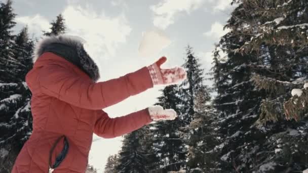 雪地的大自然是这个视频的一个美丽的后台 在那里一个年轻的女人享受着冬天的欢乐和欢乐的时刻 一个女孩扔雪球 和她一起玩 高质量的4K镜头 — 图库视频影像