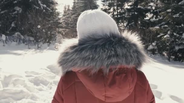 雪に覆われた大地を歩き 冬のエネルギーを感じる女性の自由と自由の感覚を映像で伝える 赤い女の子が雪の中を歩き 森の近くを歩いている — ストック動画