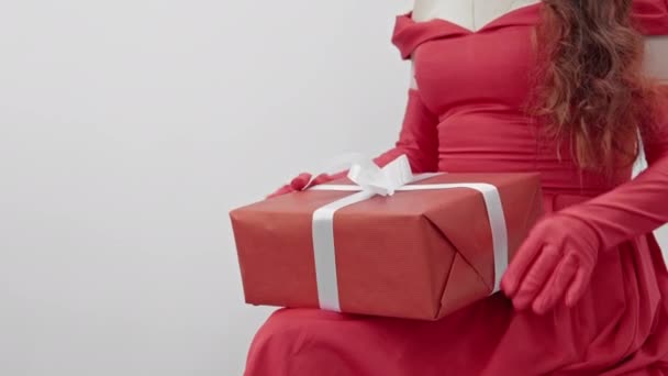 Slender Hand Red Gloves Easily Holds Gift Bag Symbolizing Joy — Stock Video