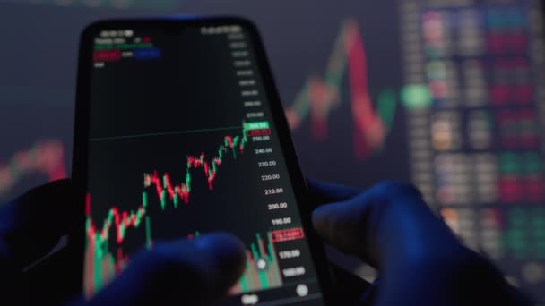 Smartphone Screen Displays Graphs Illustrating Movement Stocks Financial Market Data — Wideo stockowe