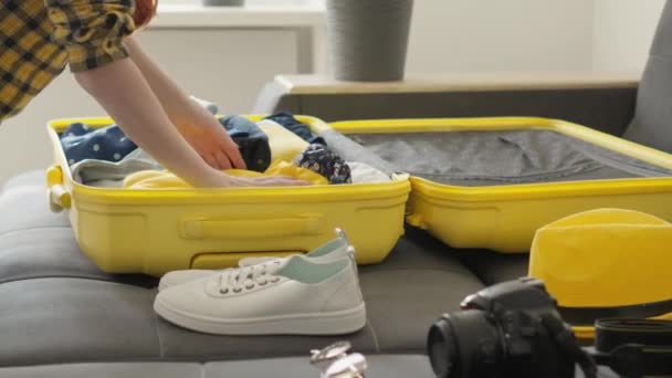 Preparing Adventure Woman Packs Her Suitcase Knowledge Each Item Brings — Stock Video